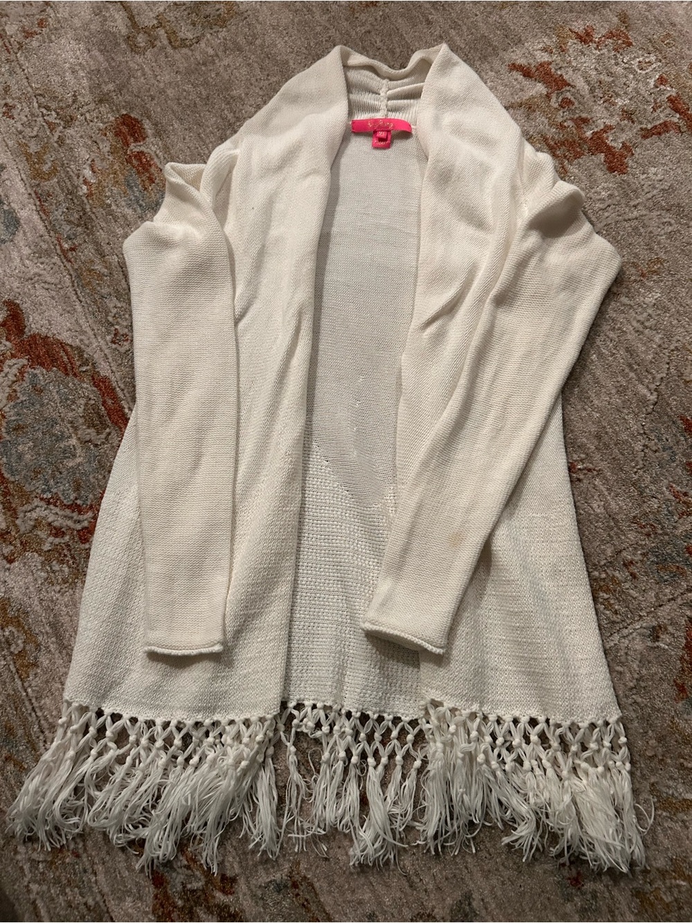 Lilly Pulitzer Cream Open-Front Fringe-Hem Cardigan size XS like new